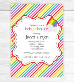 the rainbow baby shower is on display in this colorful striped printable card with a white frame