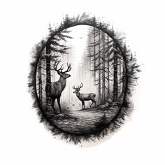 an ink drawing of two deer in the woods