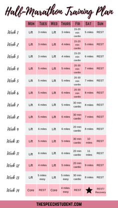 a pink and white poster with the words half marathon training plan on it, in front of