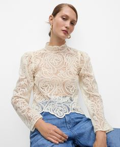 out of stock Cotton Lace Blouse, High Neck Lace Top, Top In Pizzo, Denim Party, Women Lace Blouse, Fringe Skirt, Printed Denim, Neck Lace, Long Blouse