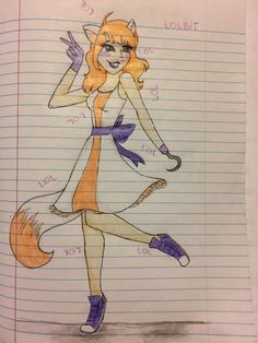 a drawing of a girl with an orange dress and purple shoes, holding a cat's tail