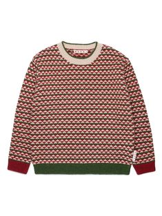 red/moss green wool blend knitted construction geometric-pattern print crew neck long sleeves ribbed cuffs and hem Geometric Knit, Dress With Jean Jacket, Teen Boy Outfits, Baby Boy Accessories, Dolce And Gabbana Kids, Green Wool, Stella Mccartney Kids, Red Wool, Knitted Jumper