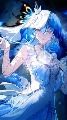 an anime character with blue hair and white dress