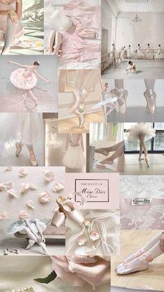 a collage of ballet images with pink and white