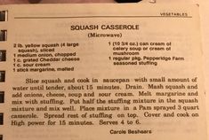 an open book with instructions on how to cook squash casserole