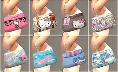 six different purses with hello kitty designs on the front and back, all in different colors