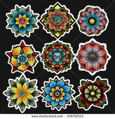 a set of stickers with flowers on black background