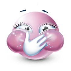 the face of a pink ball with eyes and eyelashes on it's nose, covering its mouth