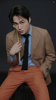 a man in a suit and tie sitting on a stool with a flower in his hand