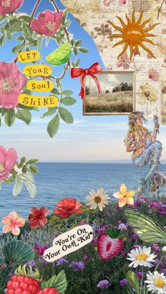 a collage of flowers and pictures with the words let your soul shine on them