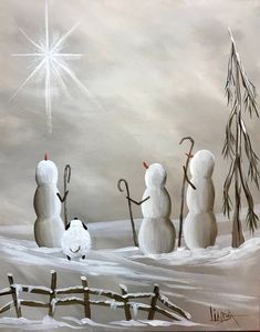 a painting of three snowmen standing in the snow with a star above them,