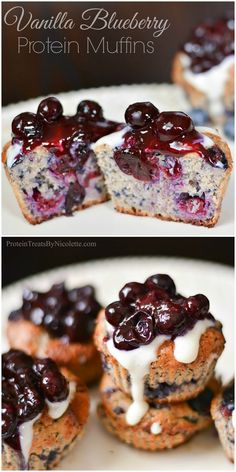 blueberry protein muffins with yogurt and fresh cherries on top