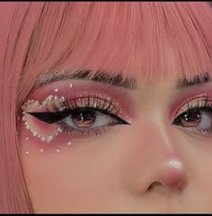 Rave Makeup With Gems, Pink Concert Makeup Ideas, Fun Makeup With Gems, Creative Pink Makeup, Sylveon Makeup, Pink Circus Aesthetic, Pink Concert Makeup, Face Gems Ideas, Unique Makeup Looks Fun