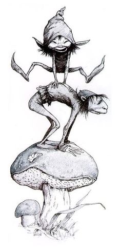 a drawing of a person standing on top of a mushroom with two hands in the air