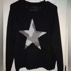 Brand New Sweater Very Cute Size Large Grey And White Star Stretchy And Comfortable Machine Wash Cool Low Dry Trendy Black Sweater With Star Print, Black Star Print Top For Winter, Black Casual Sweater With Star Print, Casual Black Sweater With Star Print, Casual Black Star Print Sweater, Star Outfit, Madewell Cardigan, Poncho Cardigan, New Sweater