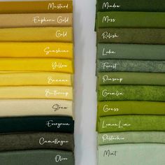 the color chart for bedding sheets and pillowcases with names on each side