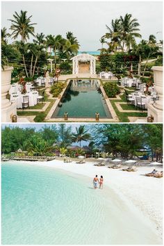 two pictures of people walking on the beach and in front of an outdoor dining area