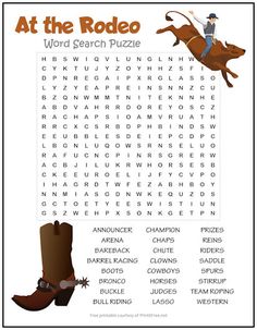 a word search page with cowboy boots and the words at the rodeo written in it