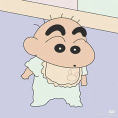 a cartoon character with black hair and big eyes standing in front of a mirror looking up at the ceiling