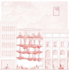 an architectural drawing of a building in red ink