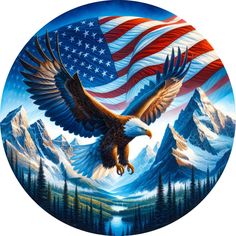 an eagle with the american flag painted on it's wings is in front of mountains