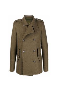 Wool Coat | Balmain Men's Wool Coat in Green | FW23/24 Mens Green Sweater, Green Wool Coat, Balmain Men, Black Wool Blazer, Black Pants Men, Military Coat, Wool Peacoat, Green Coat, Double Breasted Coat