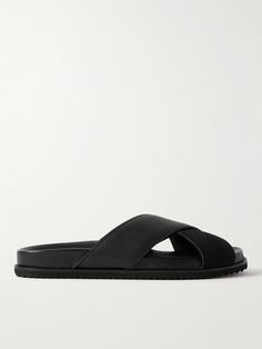 DESIGNED BY MR PORTER. Mr P.'s 'David' sandals are made from suede and cross-grain leather and set on comfortable contoured footbeds. Wear them with socks on cooler days. Modern Leather Footbed Sandals With Textured Sole, Designer Leather Slides With Textured Footbed, Designer Leather Sandals With Textured Footbed, Designer Leather Sandals With Cushioned Footbed, Cushioned Calf Leather Slip-on Sandals, Modern Leather Sport Sandals With Rubber Sole, Modern Suede Sandals With Rubber Sole, Modern Leather Slip-on Sport Sandals, Modern Leather Sport Sandals With Textured Footbed