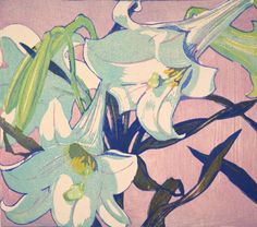 a painting of blue and white flowers on a pink background