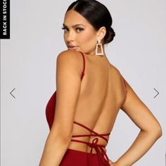 Red, Backless, Floor Length Red Party Dress With Lace-up Back, Red Backless Dress With Tie Back, Red Tie Back Maxi Dress For Party, Red Tie-back Maxi Dress For Party, Elegant Red Dress With Lace-up Back, Red Lace-up Back Dress, Red Low Back Dress For Party, Red Lace-up Back Prom Dress, Red Low-back Dress For Party