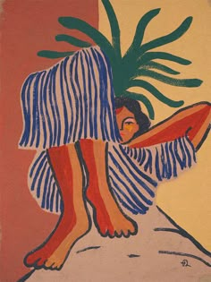 a painting of a woman holding a plant on her head, with one foot in the air