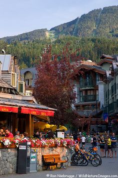 people are standing around in front of some buildings and trees with mountains in the background