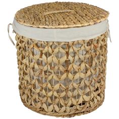 a woven basket with white lining on the top and bottom, sitting in front of a white background