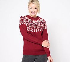 Embrace a traditional vibe with the comfy cozy energy of this Fair Isle jacquard sweater. From Denim & Co.® Fashions. Scandinavian Jacquard Knit Sweater For Fall, Scandinavian Style Jacquard Knit Sweater For Fall, Nordic Fair Isle Crew Neck Outerwear, Kim Gravel, The Comfy, Pants Women Fashion, Jacquard Sweater, Orange Sweaters, Boatneck Sweater