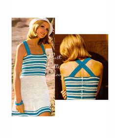 a woman wearing a blue and white striped dress with crochet on the back