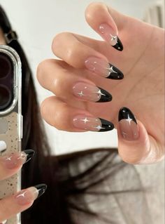 Black And White Nail Designs Elegant, Grunge Nails, Y2k Nails, Long Acrylic, White Nail, Star Nails, Silver Nails, Elegant Nails