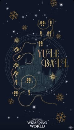 the wizard's world poster for yule ball, featuring hogwarts and snowflakes