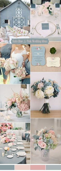 a collage of photos with flowers and place settings on them, including the bride's bouquet