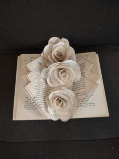 three paper roses sitting on top of an open book with pages folded in the shape of letters