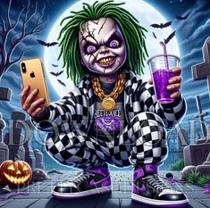 a cartoon character holding a cell phone in front of a graveyard with pumpkins and bats