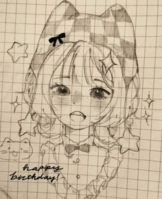 a drawing of a girl with a bow on her head and the words happy birthday written in