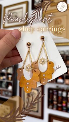 Pair of gold clay earrings with gold metal accents and pearls. Flashy Earrings, Polyclay Ideas, Bloom House, Goddess Vibes, Shop Inspiration, Sun Goddess, Beachy Jewelry, Boho Beachy