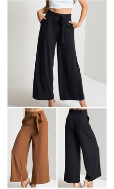 These lovely ankle pants can easily go from casual and cute to a night on the town. Featuring a zippered back with a sash belt and wide leg pants that fall just above the ankle. Made with a polyester blend these pants pair perfectly with wedges, heels or booties. Comes in two fabulous colors from which to choose. Casual Wide-leg Pants With Belted Cuffs, Versatile Belted Wide Leg Pants, Chic High-waisted Pants With Tie Waist, Chic High-waisted Tie Waist Pants, Trendy Tie Waist Workwear Bottoms, Wide Leg Pants With Tie Waist For Work, Ankle-length Belted Bottoms, Trendy Workwear Bottoms With Tie Waist, Workwear Wide Leg Pants With Tie Waist