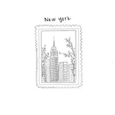 a stamp with the words new york on it and a cityscape in the background