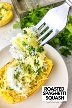 a fork is lifting up some food from a spaghetti dish with parsley on top