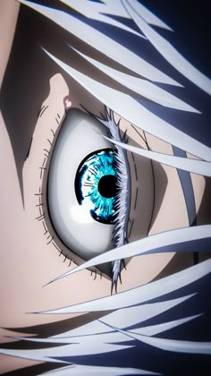 an anime character's eye with white hair and blue eyes