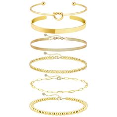 PRICES MAY VARY. 【6 Piece Gold Bracelet Set】This gold bangle bracelets set for women consists of a 6 pcs gold bracelets. The set includes:①Gold Bangle Bracelets②Love knot Cuff Bracelets③Herringbone Chain Bracelets④Chunky Paperclip Bracelets⑤Cuban Chain Bracelets⑥Gold Beaded Bracelets. Suitable for both stacking and wearing alone to create a layered look. 【Suitable for sensitive skin】These delicate gold bracelets for women are made of high quality materials,friendly to sensitive skin,won't discol Gold Bangle Bracelets, Delicate Gold Bracelet, Gold Bracelet Set, Bangle Jewelry, Gold Plated Bangles, Bangle Bracelet Set, Bracelets Set, Gold Bracelet For Women, Chunky Bracelets