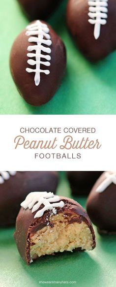 chocolate covered peanut butter footballs with white frosting on top and in the middle