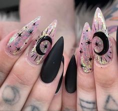 Mystical Nail Art, Mystical Nails Almond, Summer Witch Nails, Pink Witchy Nails, Soft Goth Nails, Gothic Summer Nails, Goth Almond Nails, Alternative Nails Designs