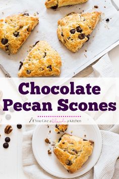 chocolate pecan scones on a white plate with text overlay that reads, chocolate pecan scones