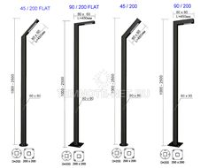 three different types of metal handrails with measurements for each pole and the width